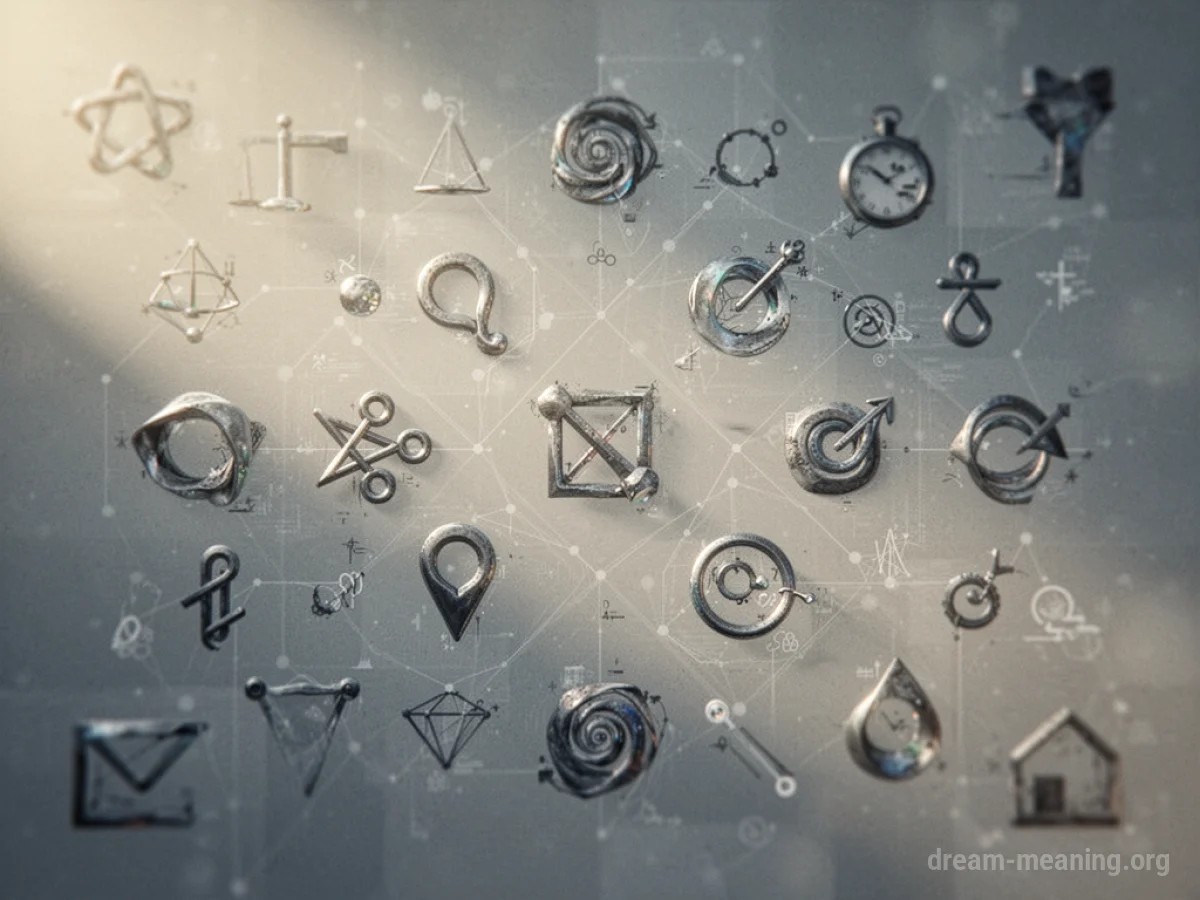 A collection of diverse abstract symbols and icons arranged in a web-like pattern.