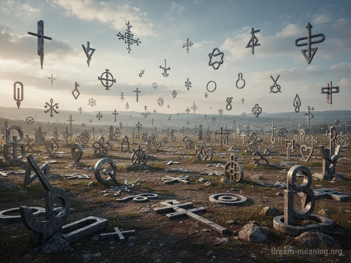 Numerous abstract symbols spread across a wide vista.
