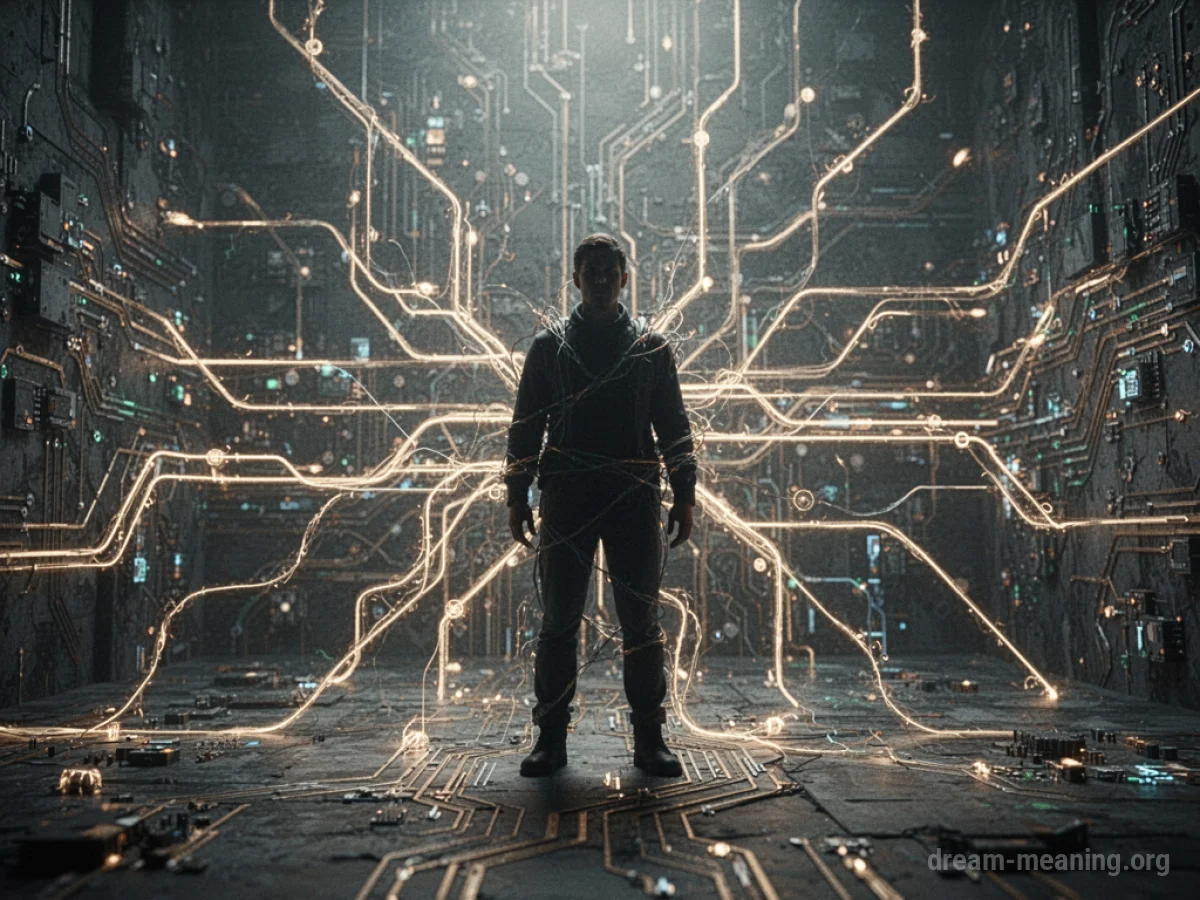 Silhouette figure inside a network of glowing lines.