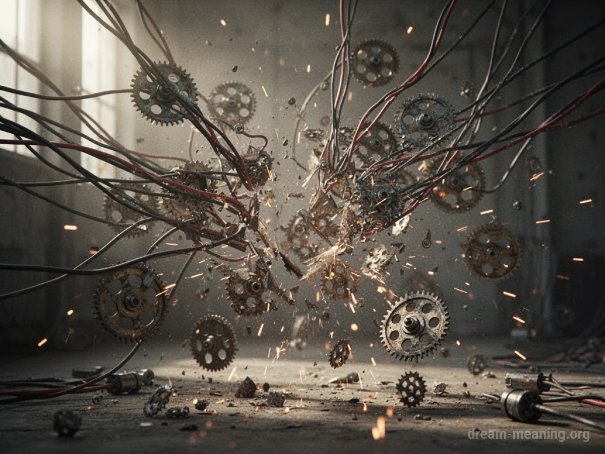 A broken mechanical system with visible sparks and falling parts.