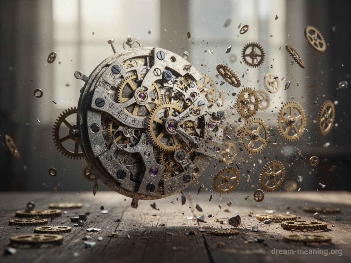 A complex mechanical system with gears and cogs falling apart.