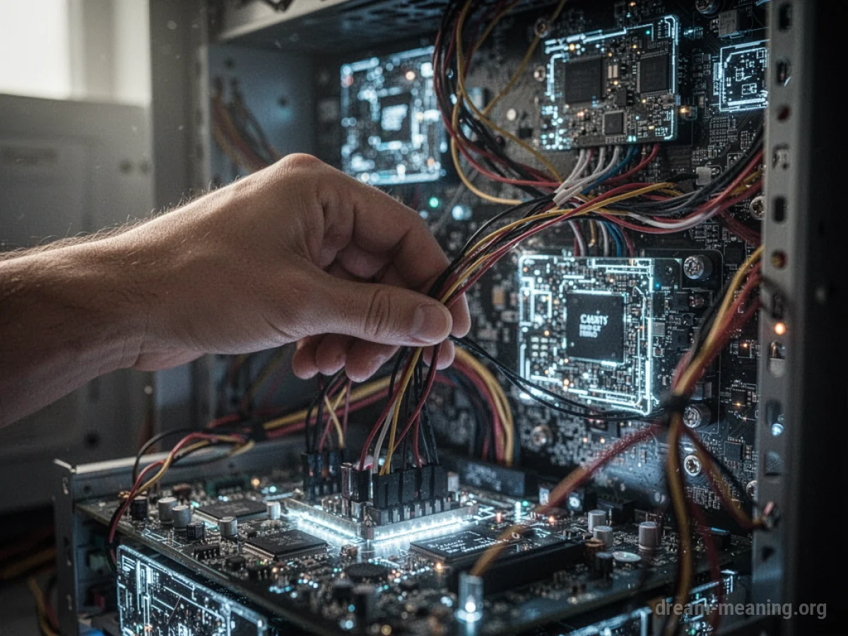 A hand working on glowing digital circuits.