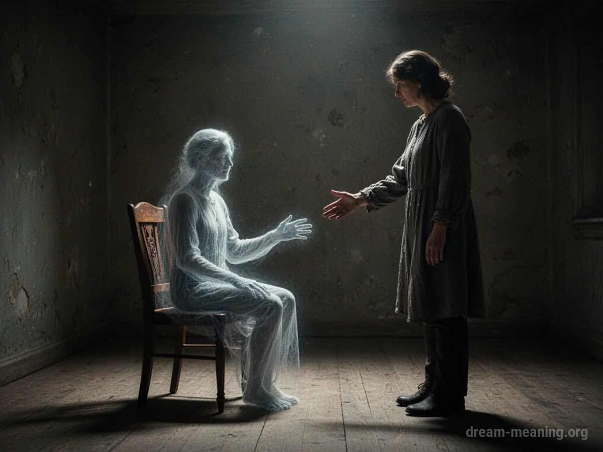 A person standing in a dimly lit room facing a faint, translucent figure seated in a chair.