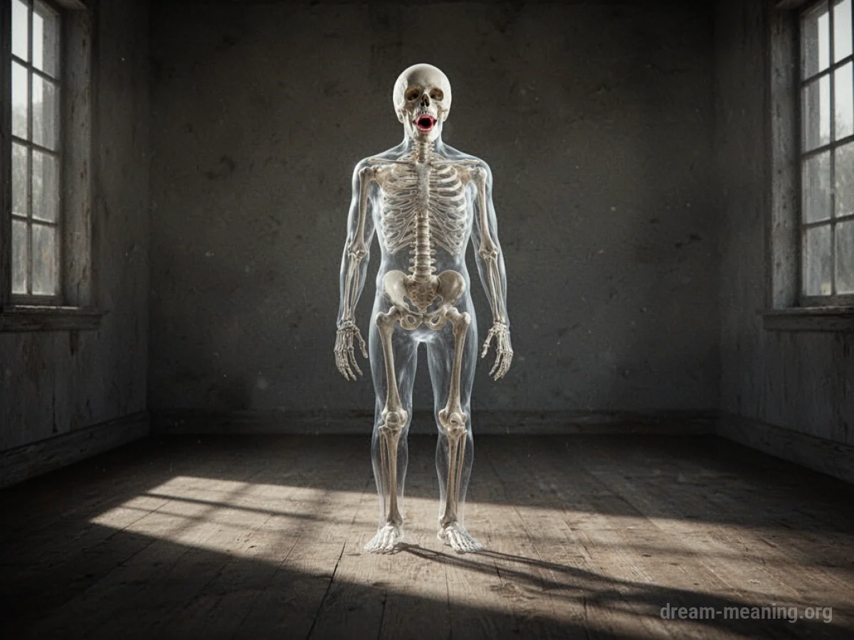 A shadowy, translucent skeleton figure speaking in a dimly lit room.