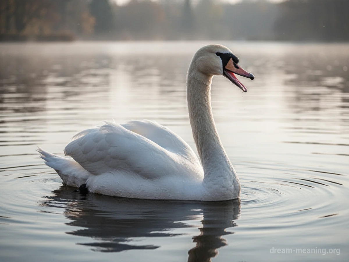 A white swan on water with its mouth open.