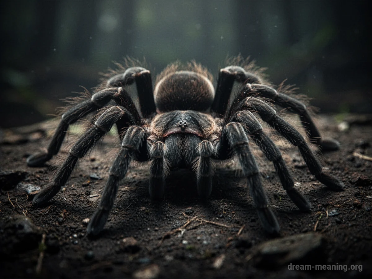 A large tarantula positioned on a dark, textured surface.
