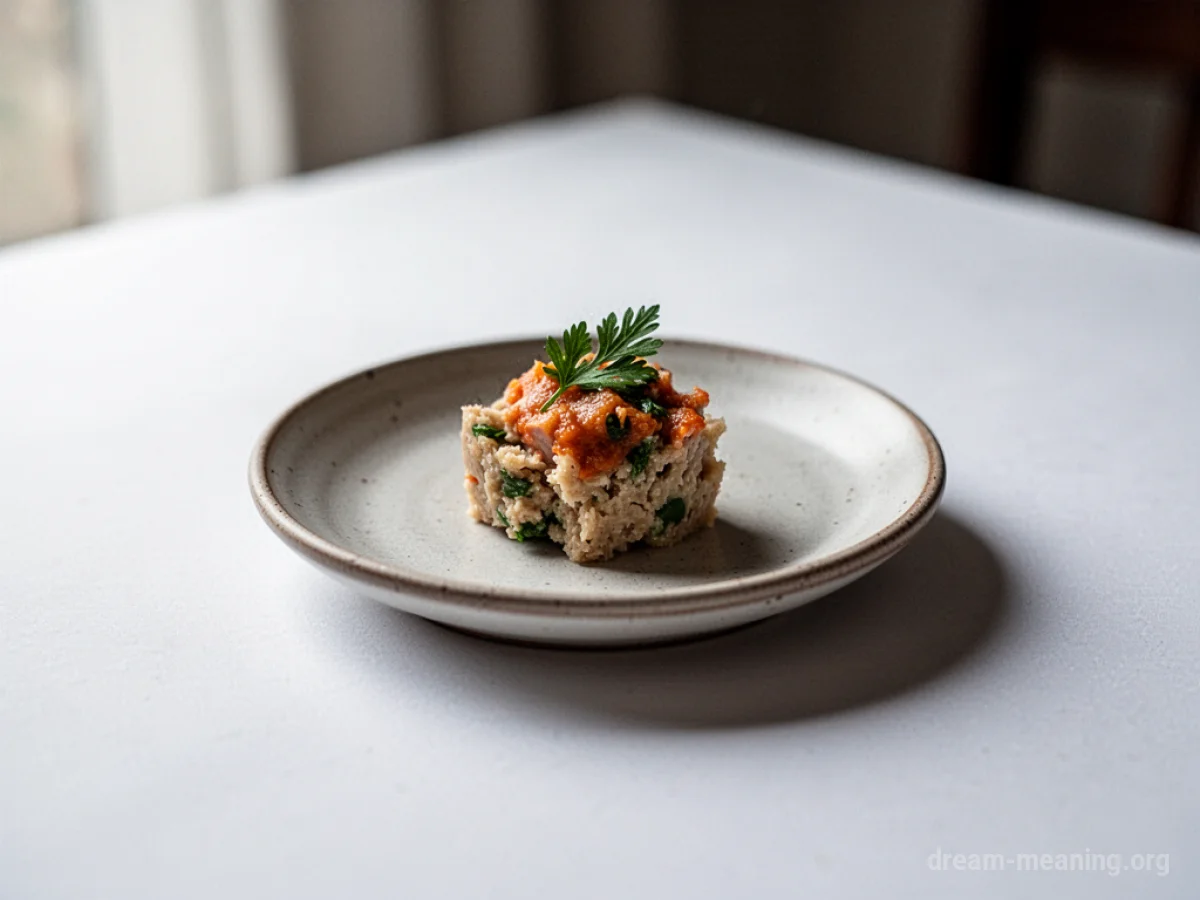 A close-up view of a small portion of food on a plate.