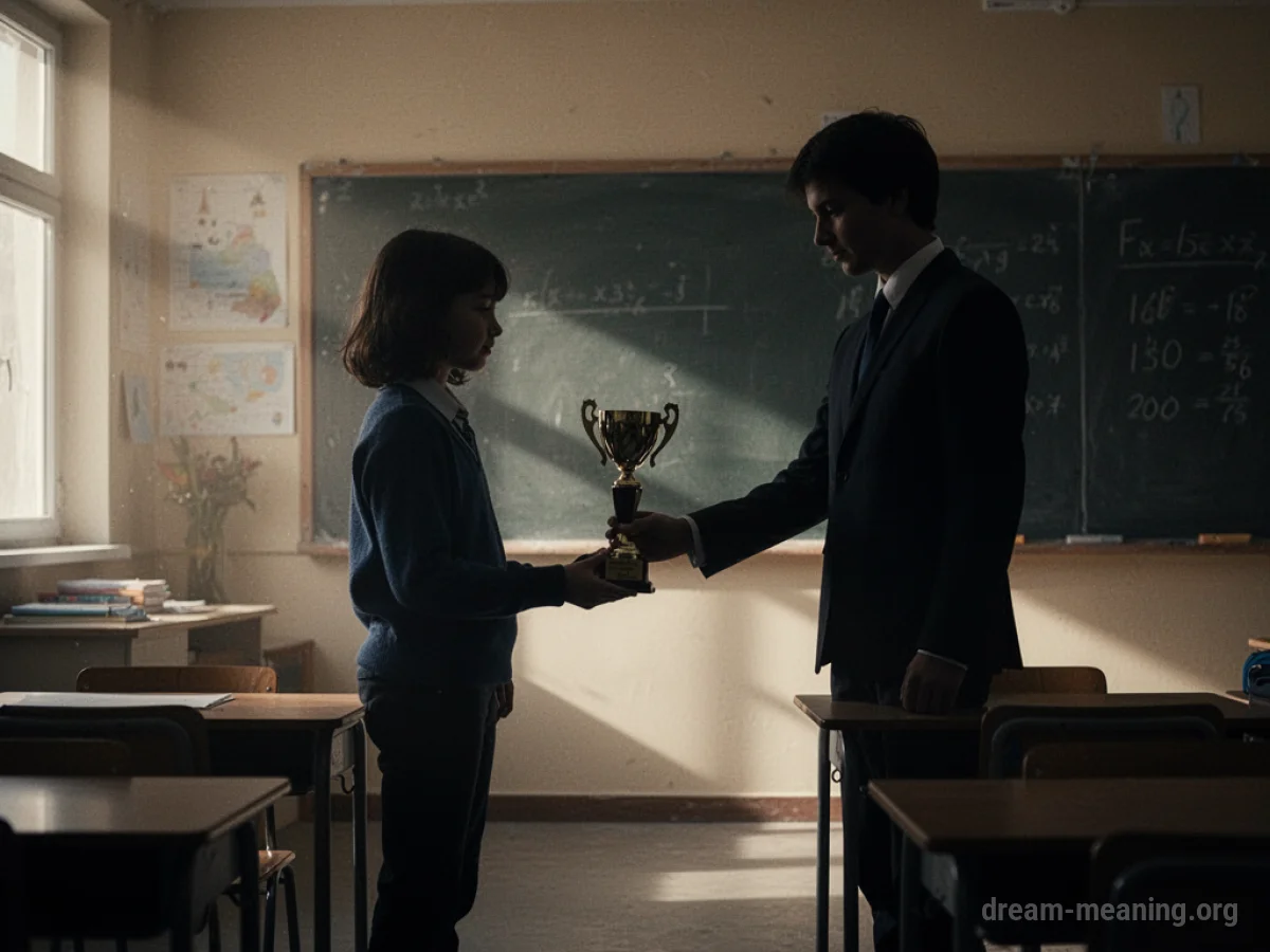 Silhouette of a person receiving an award from a teacher.