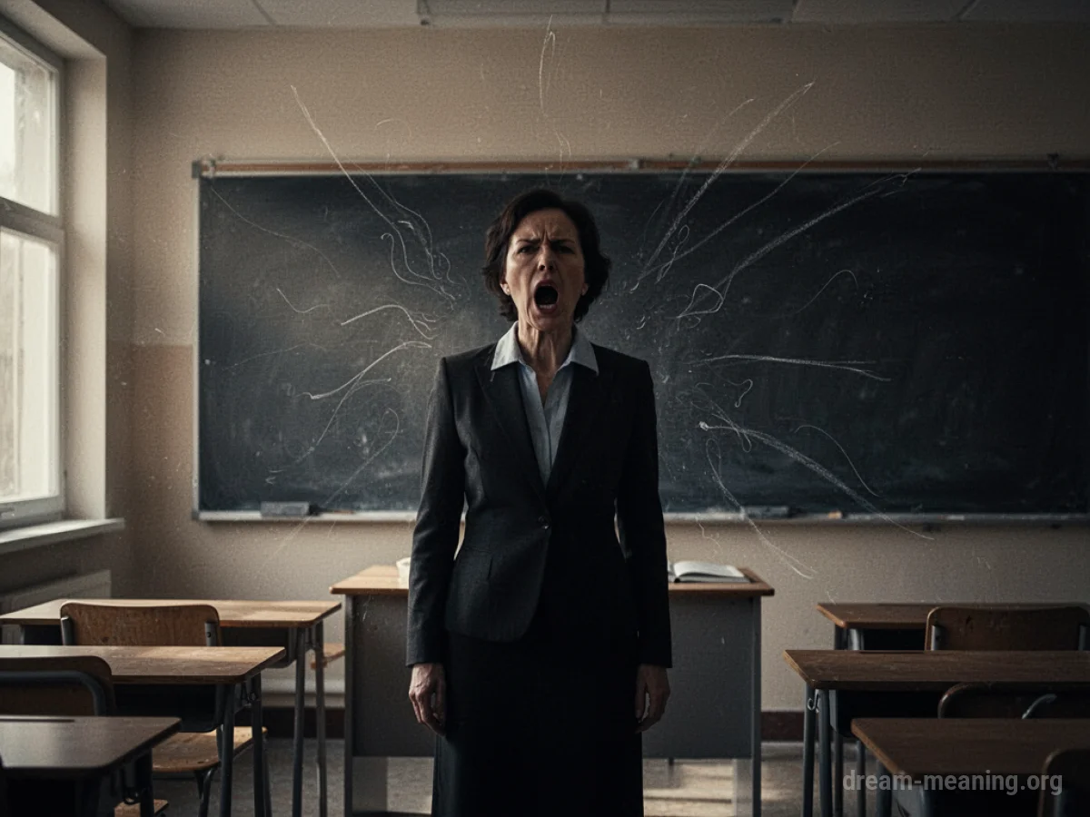 Silhouette of a teacher at a blackboard with mouth open.