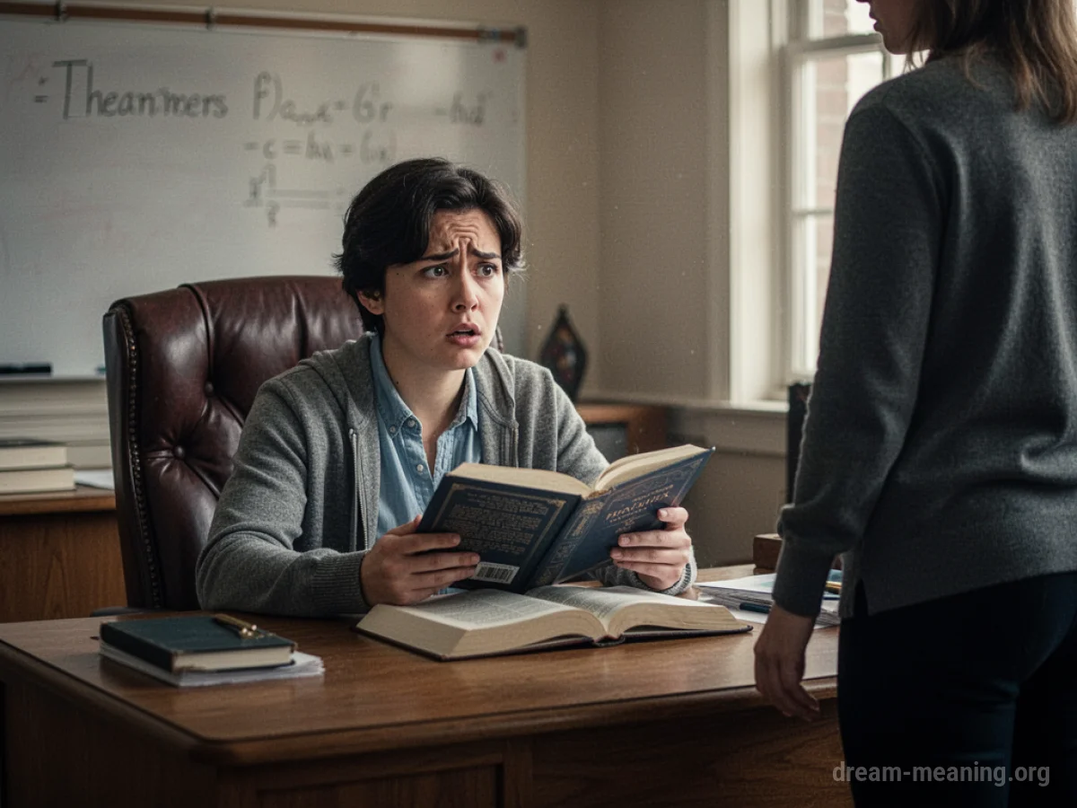 A person sits at a teacher's desk looking at a book, with another person standing.