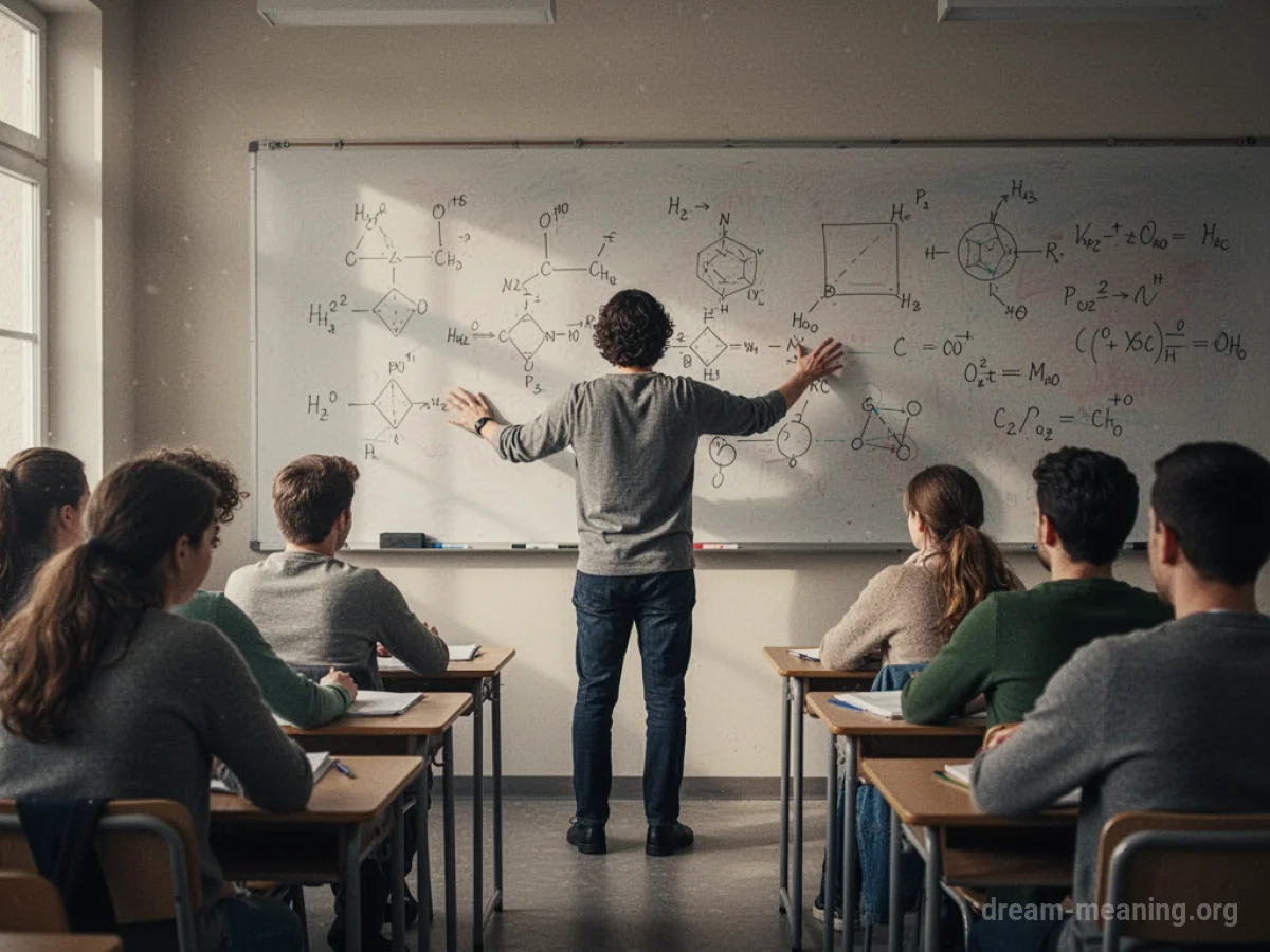 A teacher in front of a classroom with a whiteboard displaying scientific formulas.