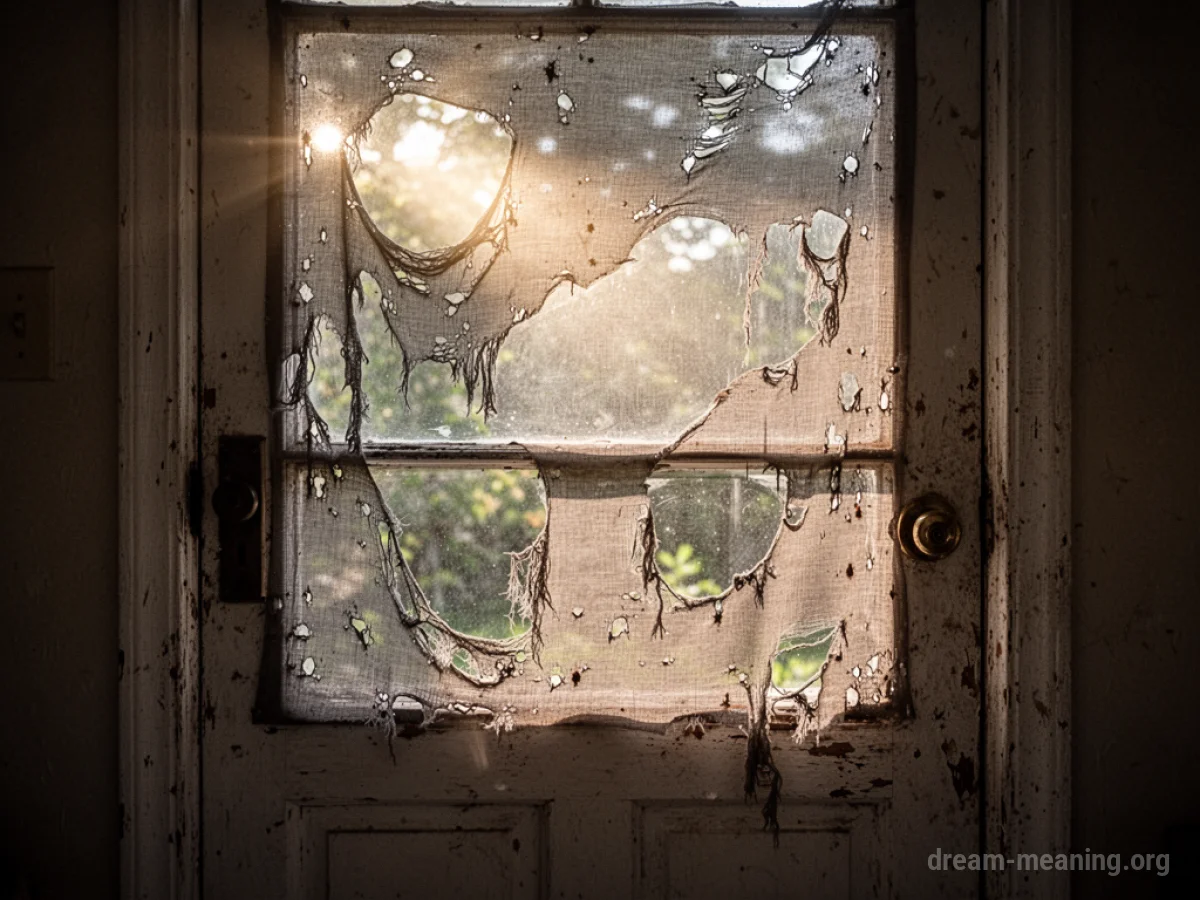 A close-up view of a ripped screen door with light passing through the holes.
