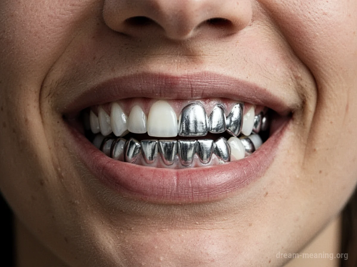 A person's teeth transitioning from white to a shiny silver color.