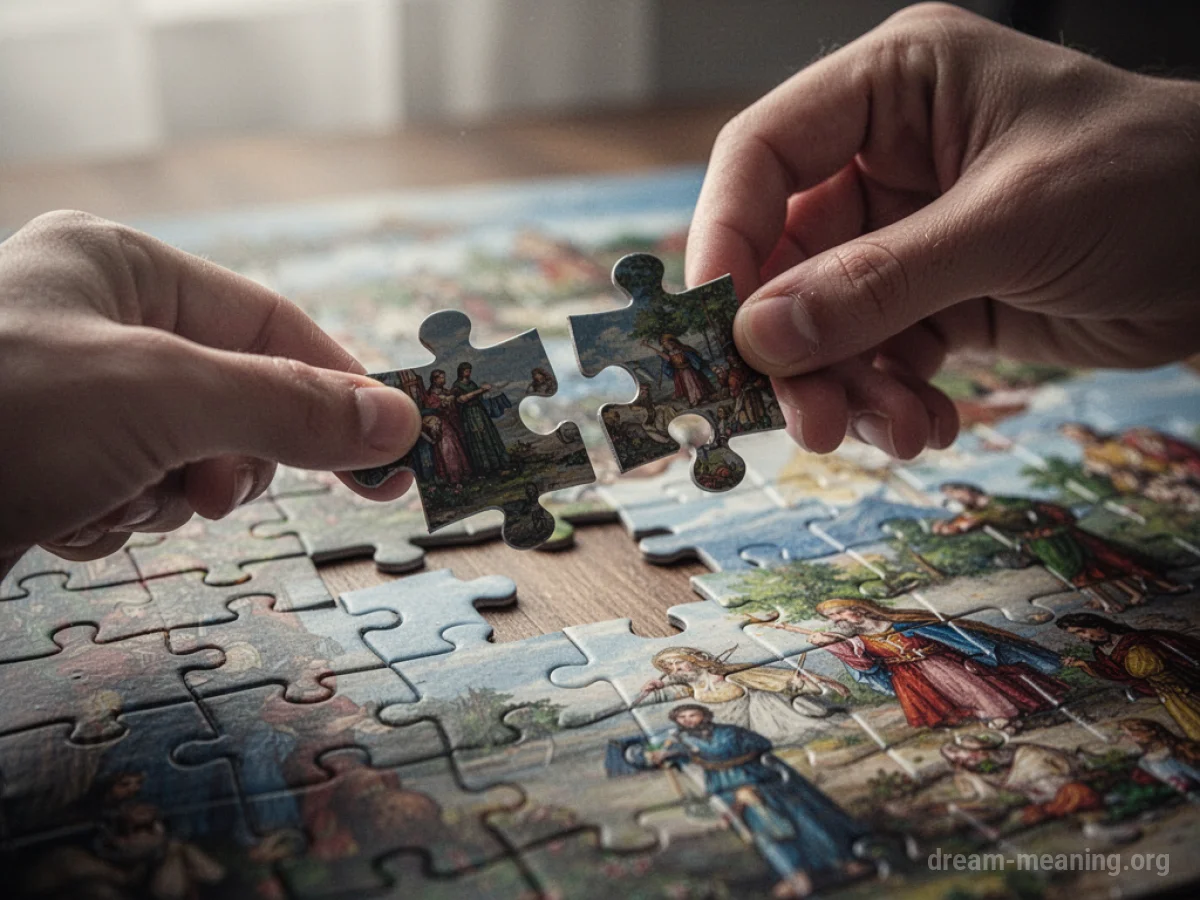 A hand carefully fitting a puzzle piece into a larger jigsaw.