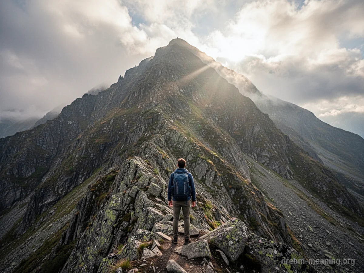 A person facing a tall mountain under a partly cloudy sky.