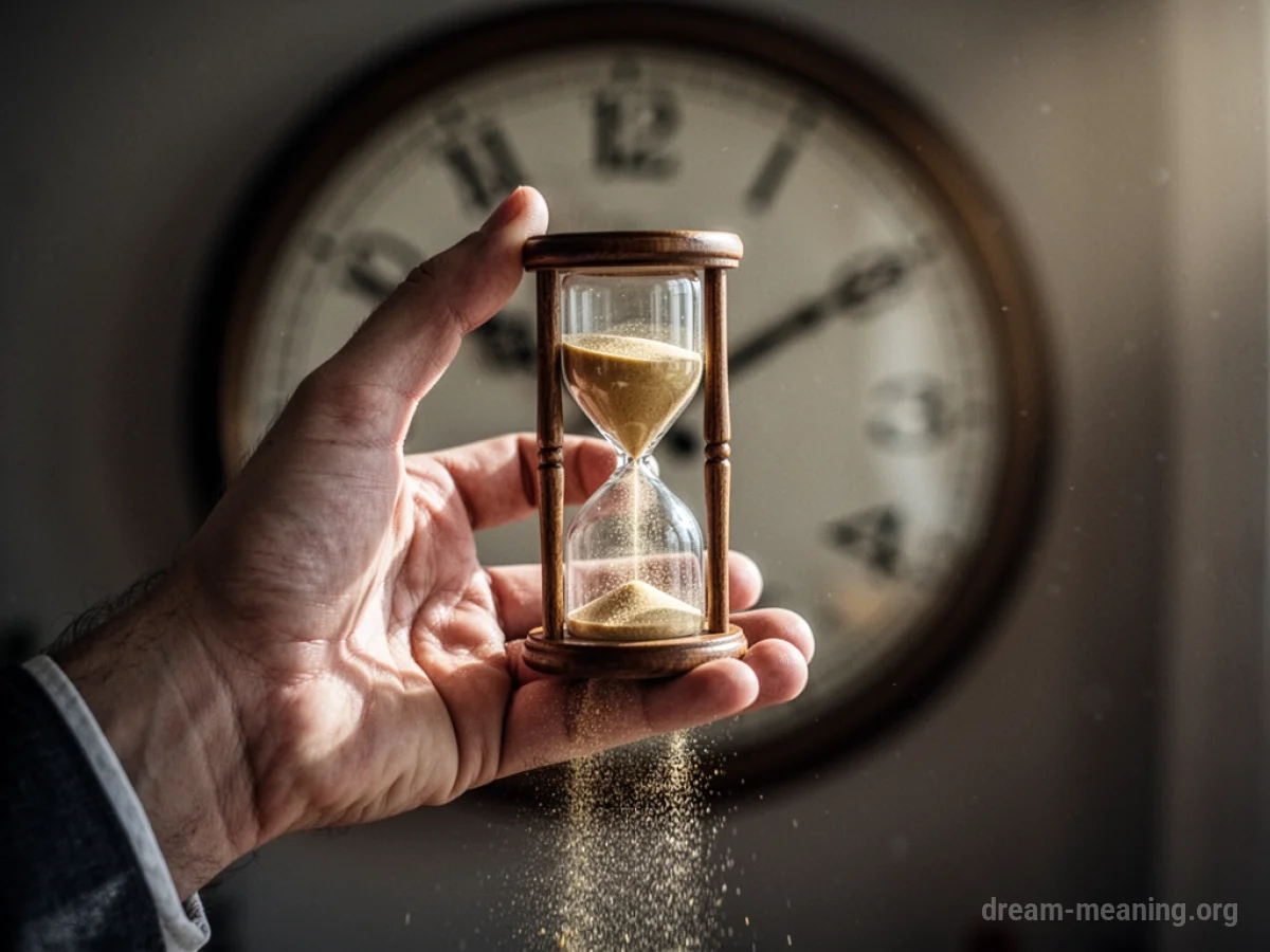 An overflowing hourglass with sand pouring out rapidly against a blurred clock background.