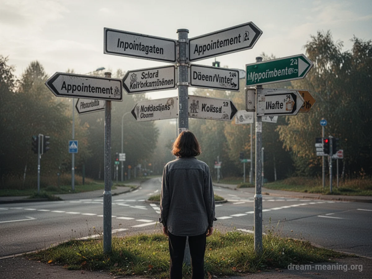 A person stands at a crossroads with many directional signs.