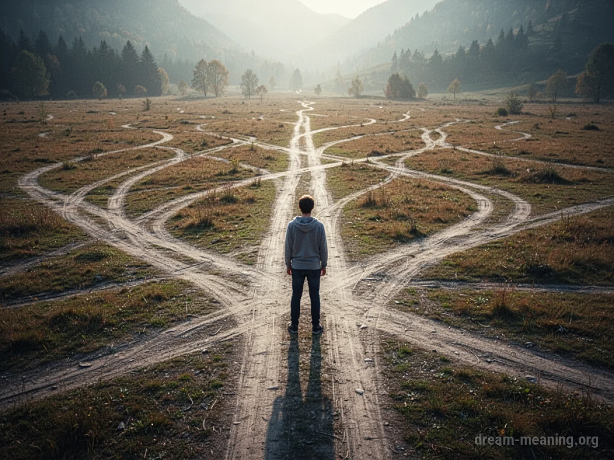 A person standing at a crossroads with many diverging paths.