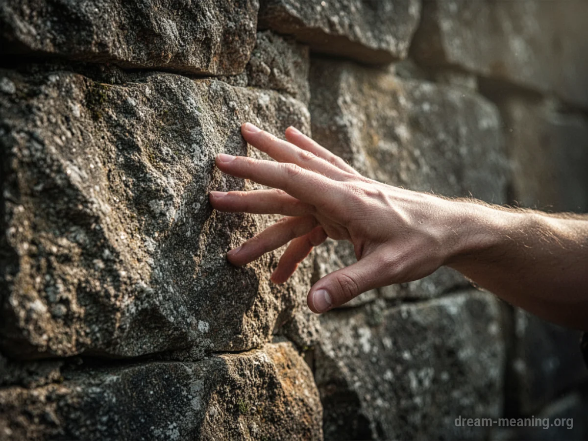 A hand reaching towards a textured, uneven surface.