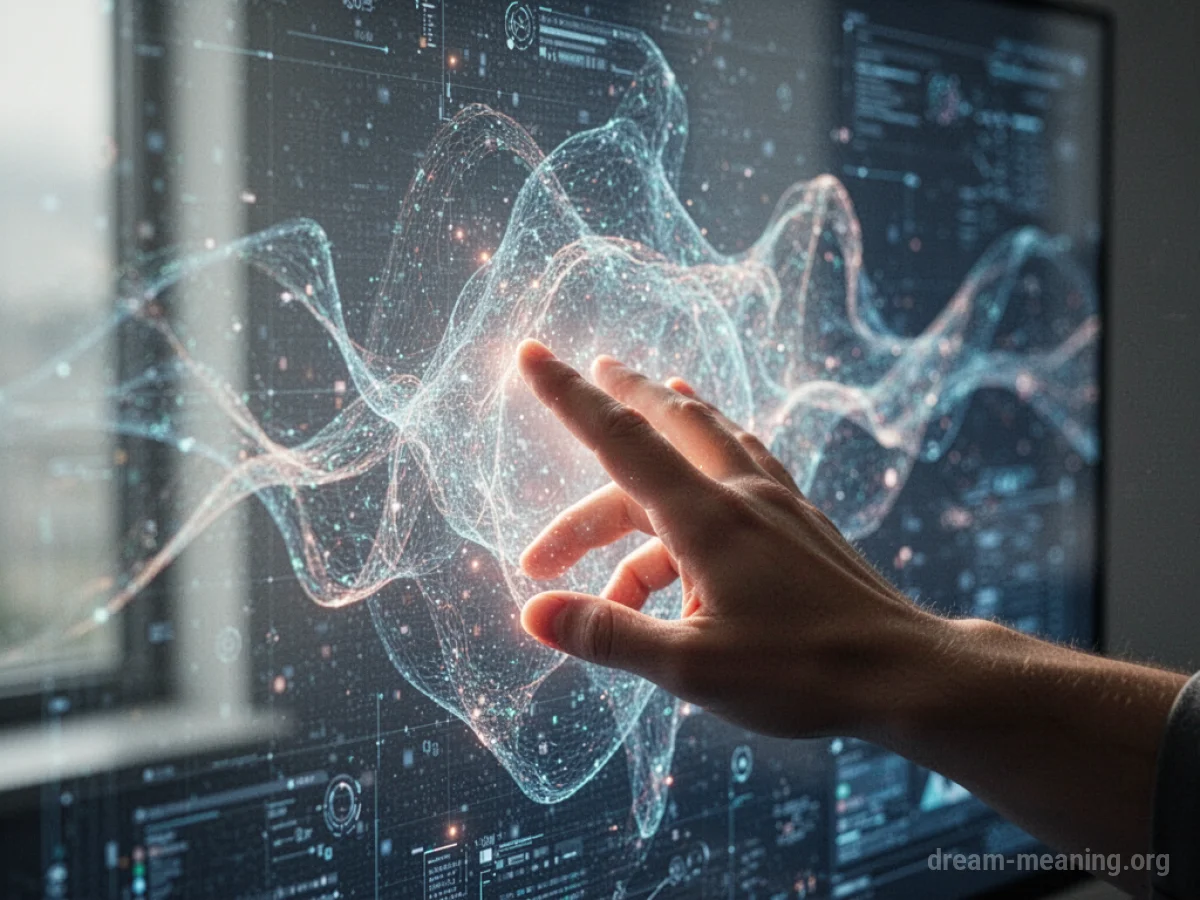 A hand reaching towards a luminous digital interface.