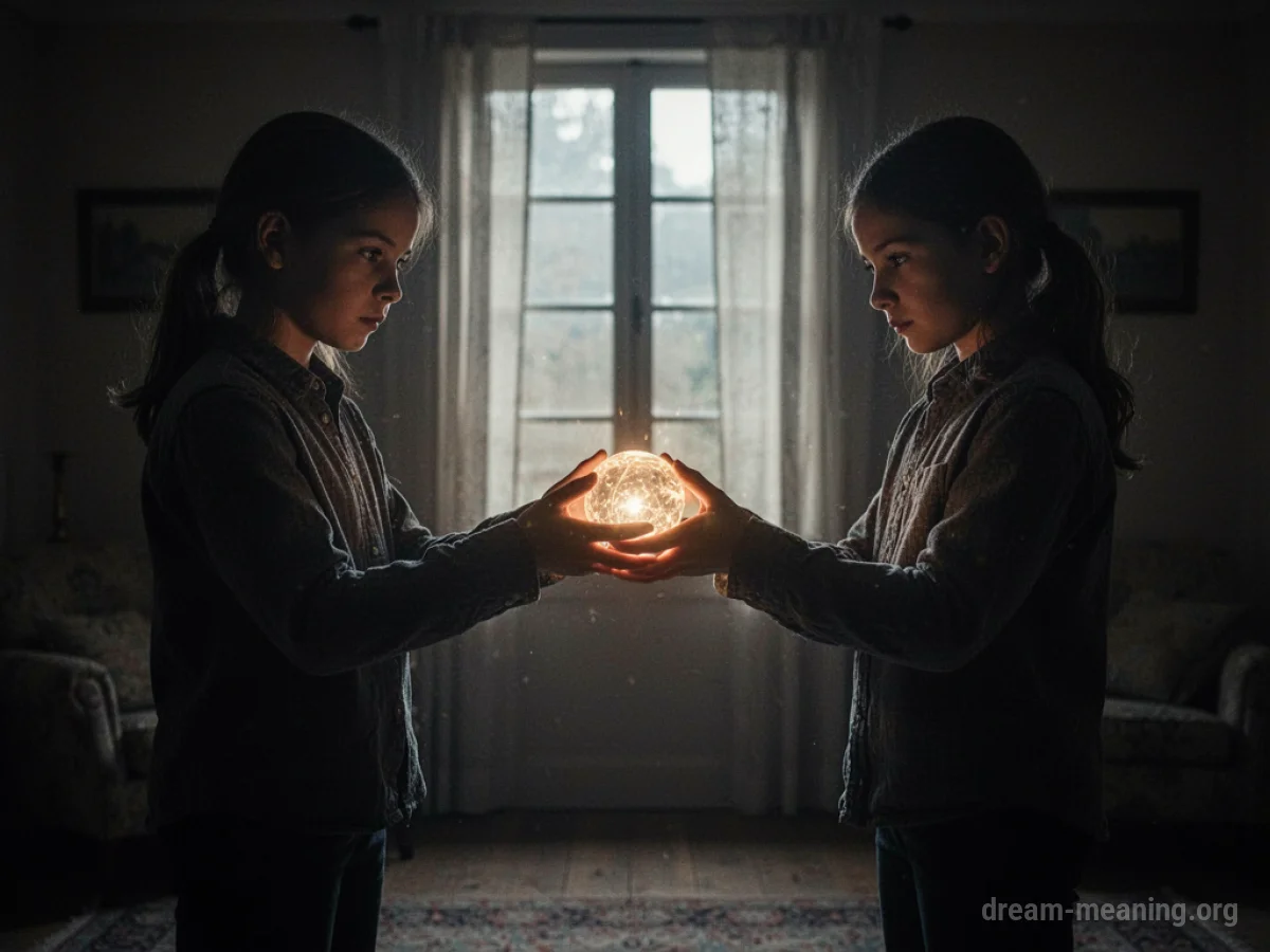 Two silhouetted figures exchanging an illuminated object.