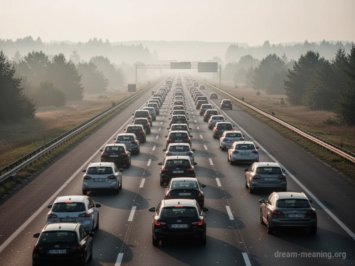 A view from above of numerous cars stopped in lanes on a highway.