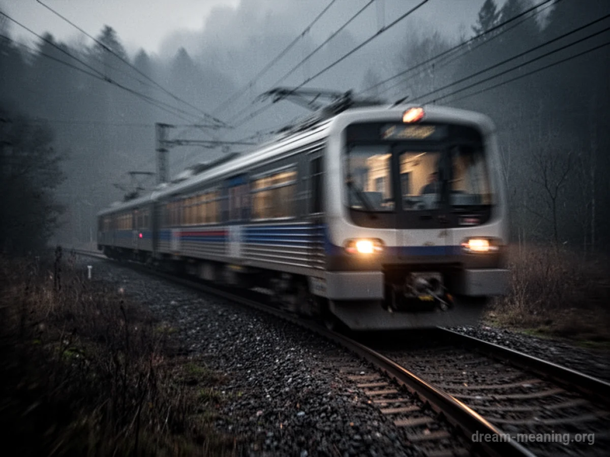 A train in motion on a track, blurred by speed.