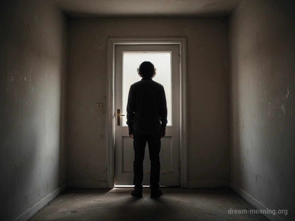 Silhouette of a person facing a closed door in an empty, confined room.