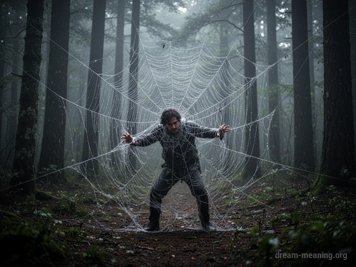 A person tangled in a sticky spider web.