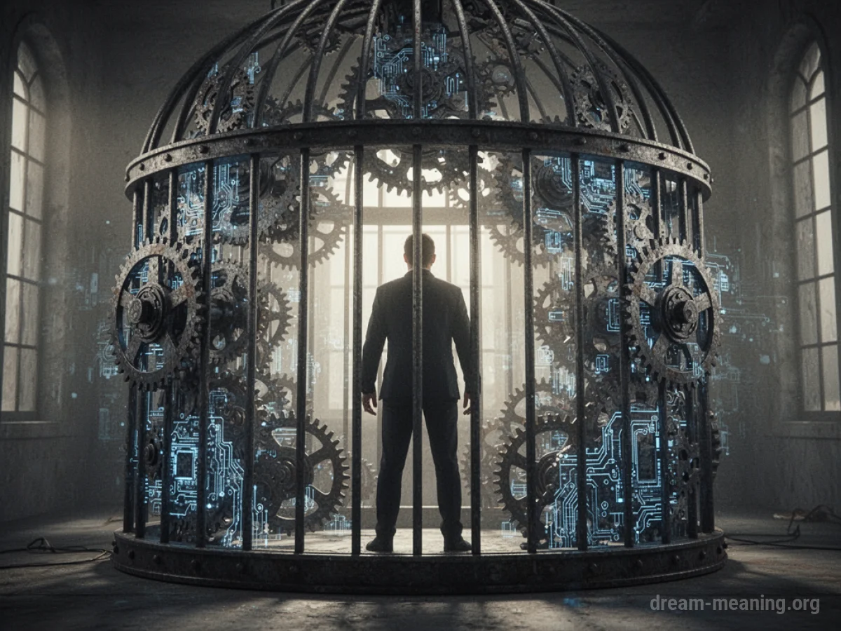Silhouette of a person inside a cage made of gears and circuits.