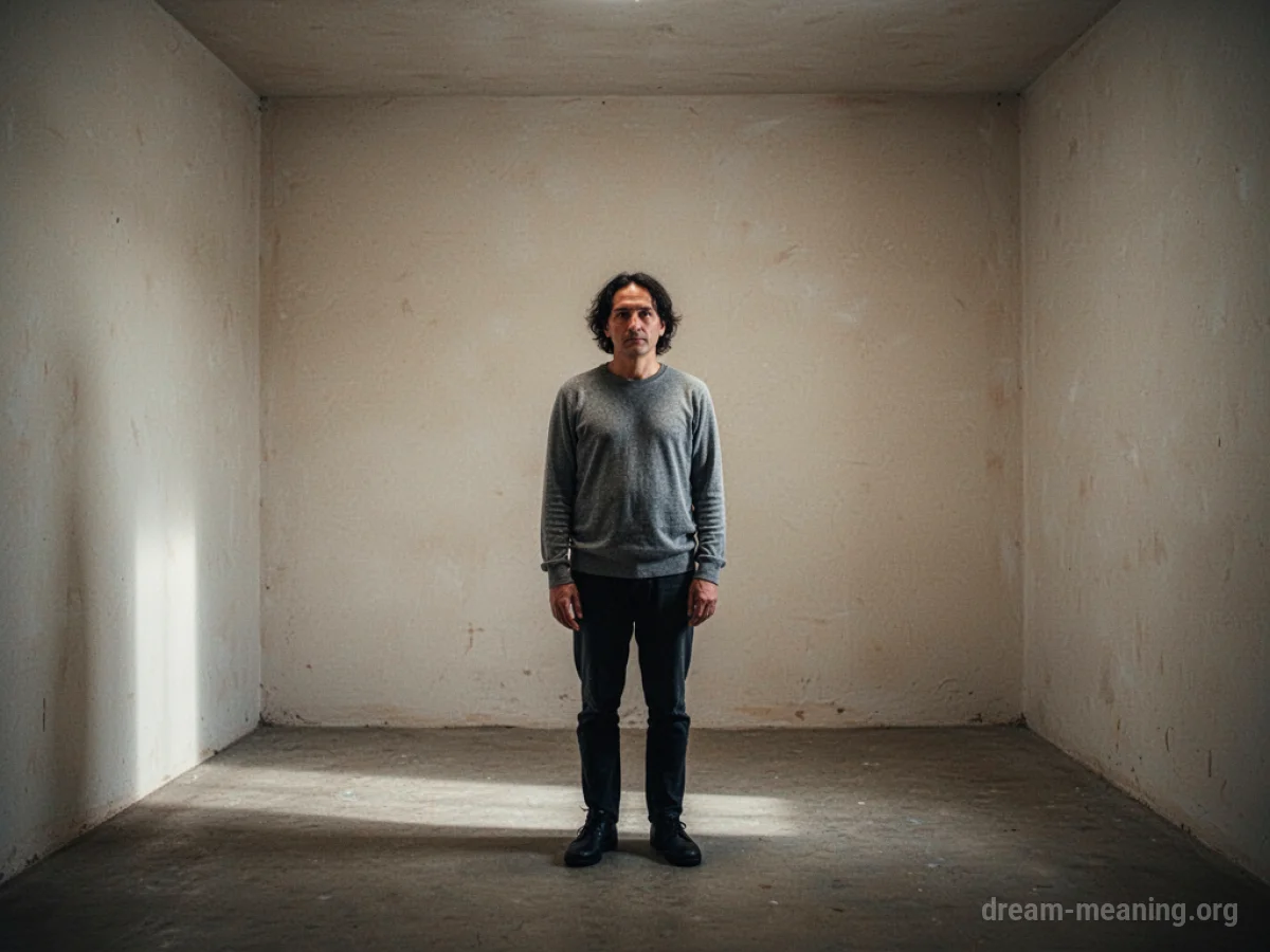 A person stands alone in a featureless, enclosed room.