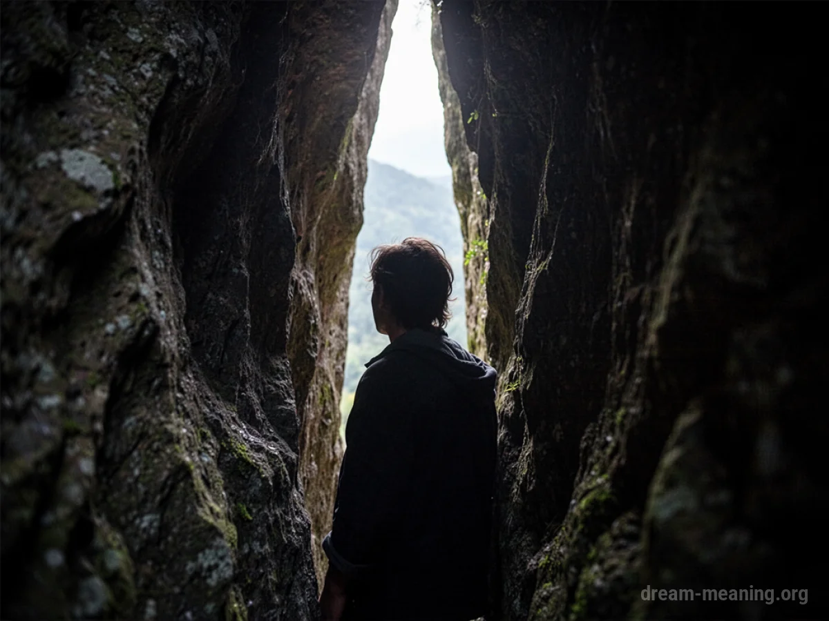 Silhouette of a person looking out from a narrow opening.