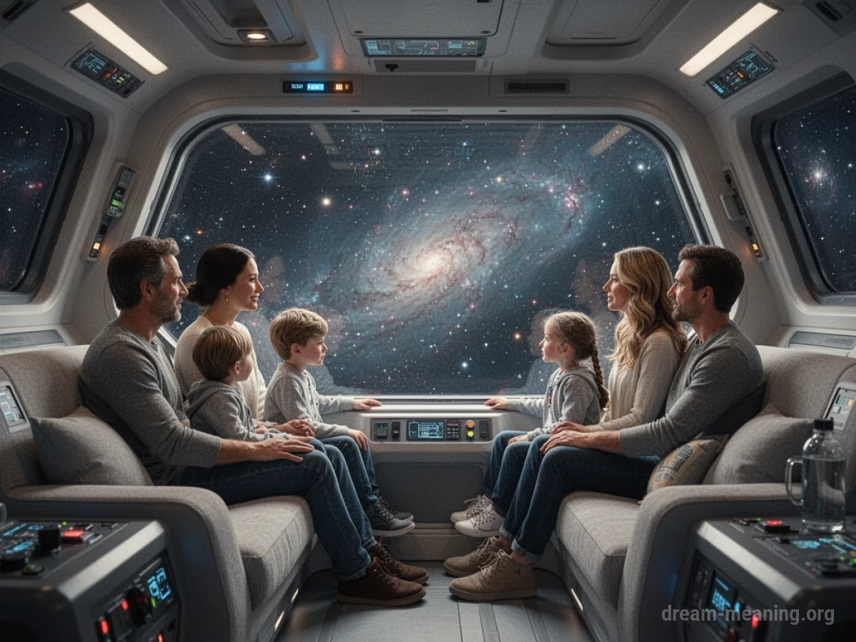 A family observes stars and nebulae from inside a spaceship cabin.