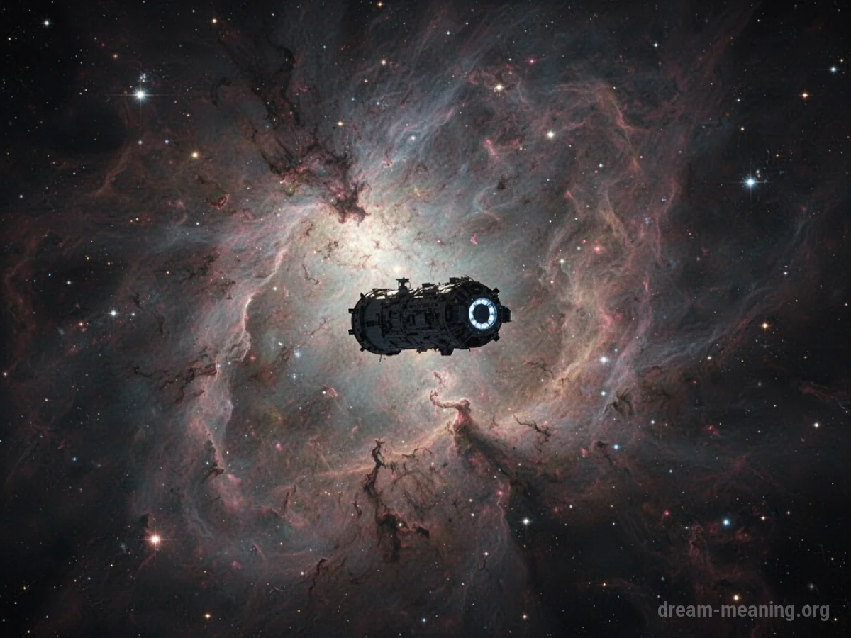 A small spaceship moving through a colorful, star-filled galaxy.