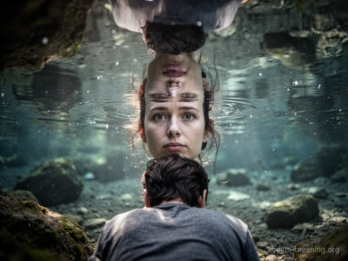 A person's face reflected in calm water.