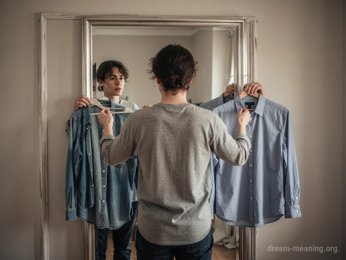 Person holding up shirts in front of a mirror.