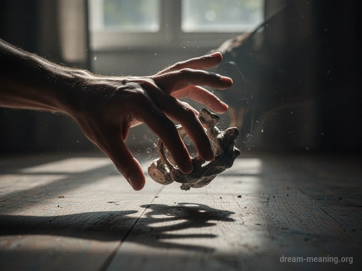 A silhouetted hand reaching towards a dimly lit object.
