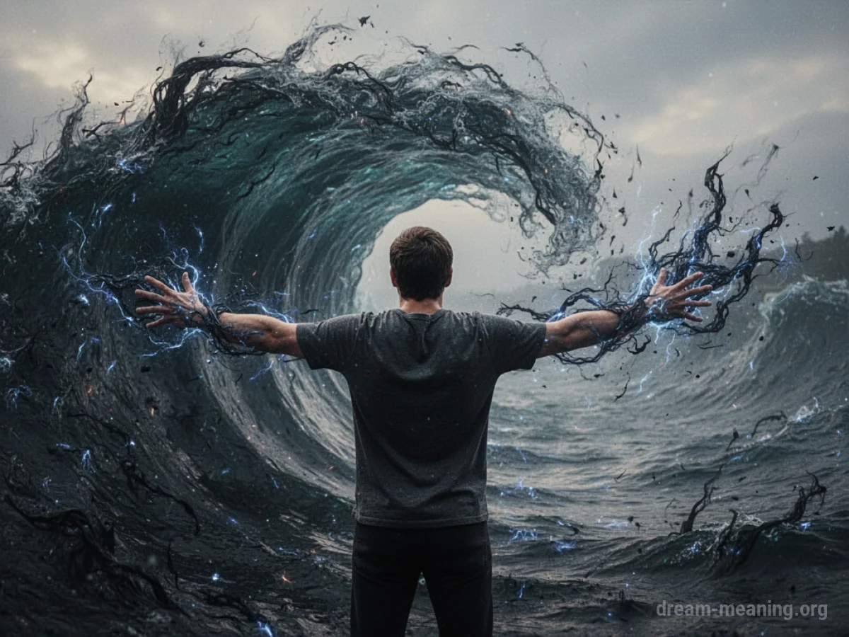 Silhouette of a person standing against a dark, abstract wave.