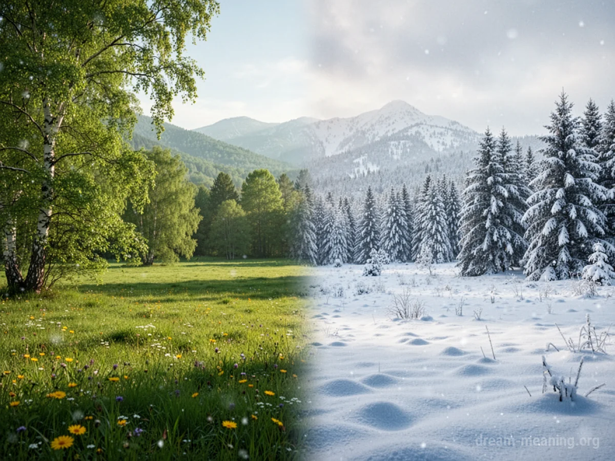 A landscape divided, with one half in summer and the other half in winter.