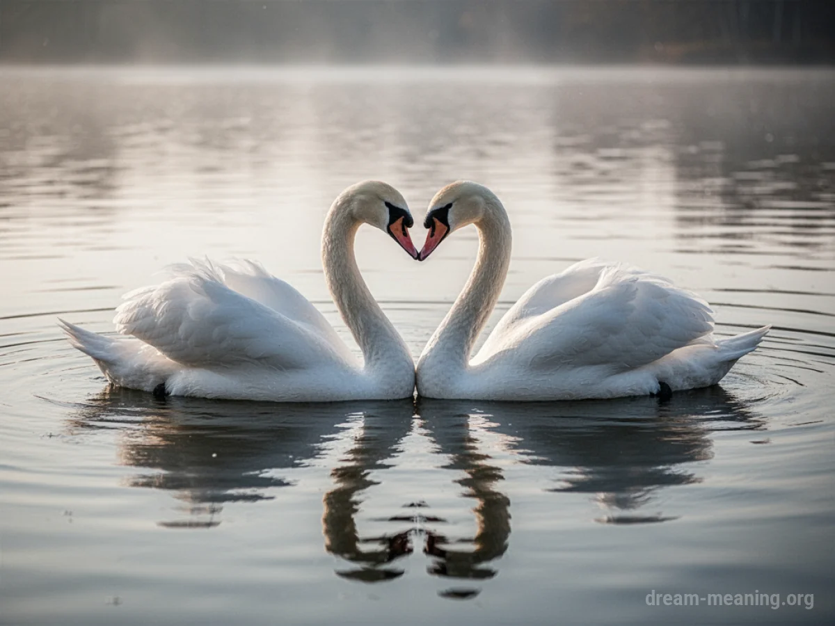 Two white swans swimming side-by-side on a lake.