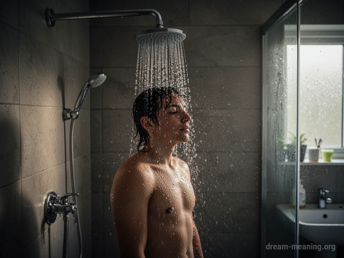 A person standing under a non-functioning showerhead in a dark bathroom.