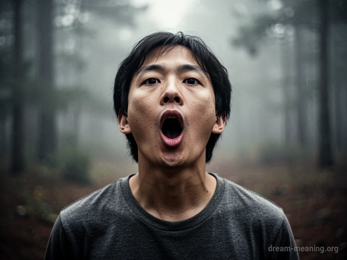 A person with their mouth open in a silent scream against a blurred background.