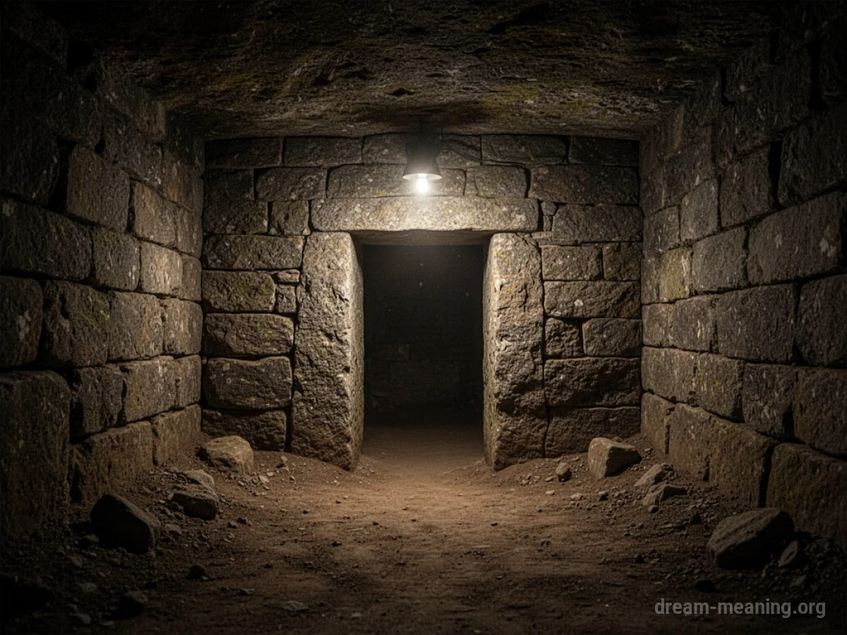 A dark, stone-lined underground room with a faint light ahead.