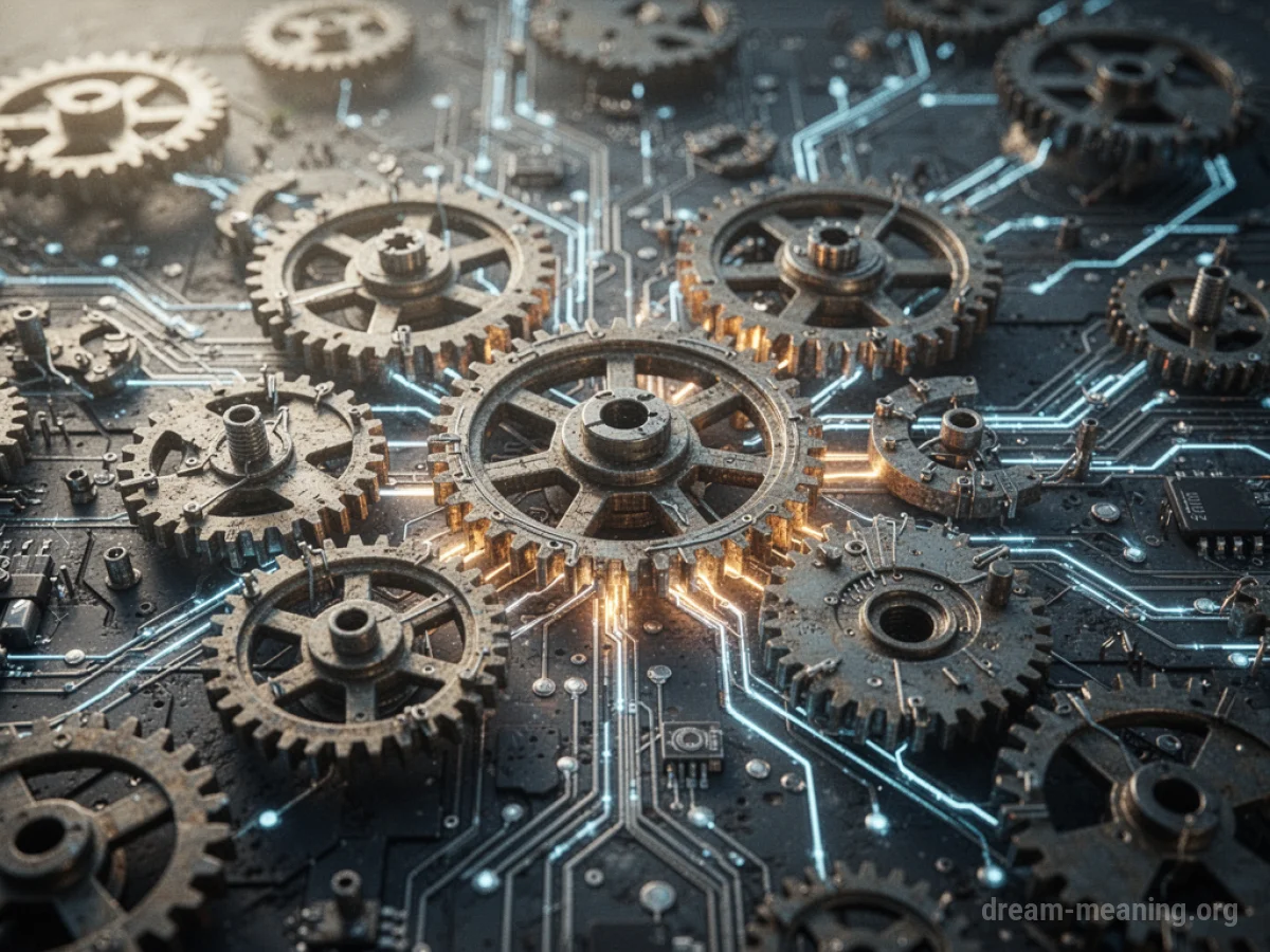 A close-up view of intricate interconnected gears and circuits.