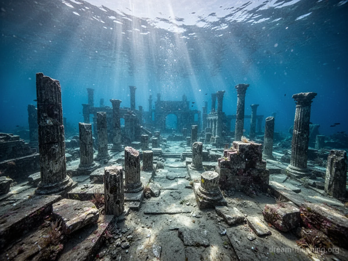 An illuminated city resting on the ocean floor, seen from above.