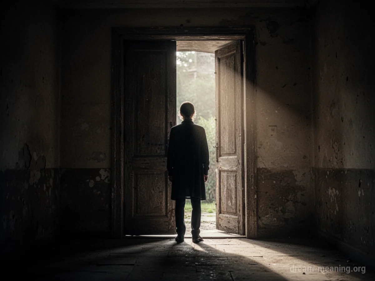 A silhouetted figure stands on the threshold of an open doorway.