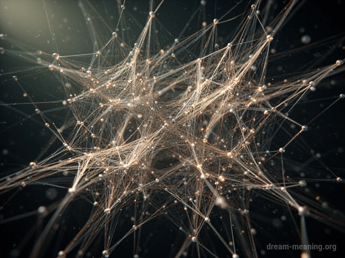 An intricate web of luminous lines and points forming a large, abstract structure.