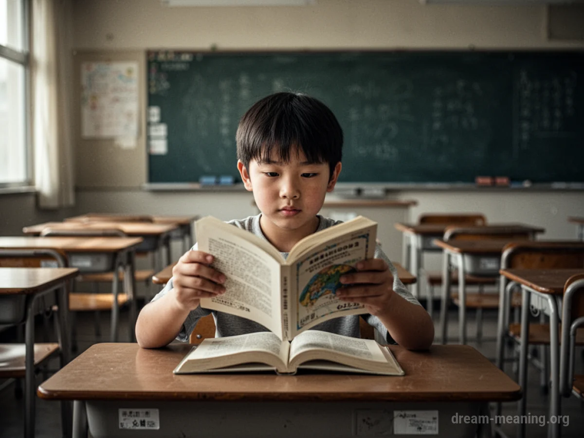 A student sits at a desk in an empty classroom, looking confused at an upside-down book.