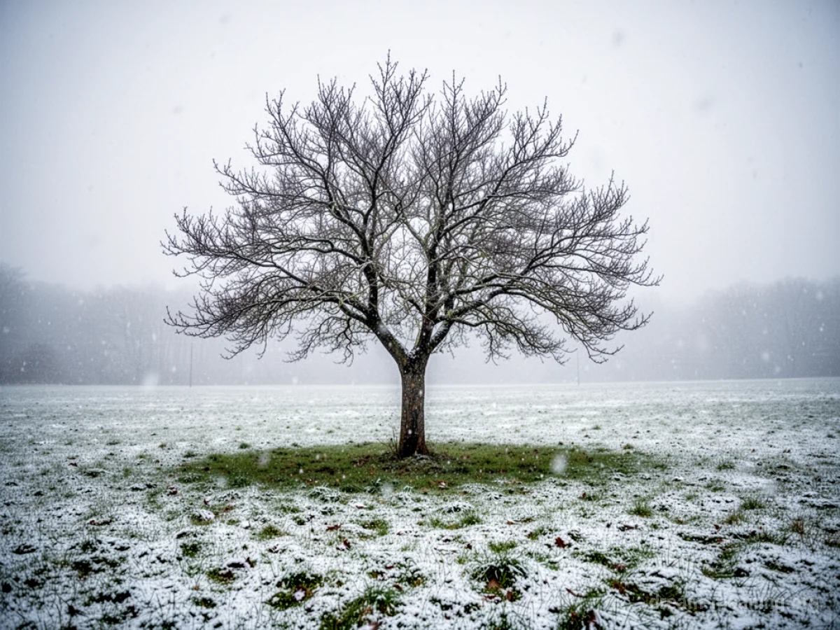 A tree with fallen autumn leaves standing in a field of snow.