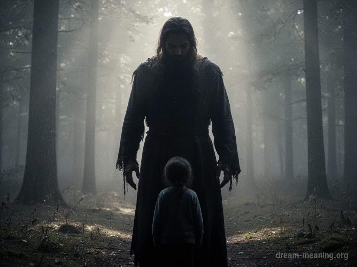 A dark shadow figure looming over a smaller silhouette.